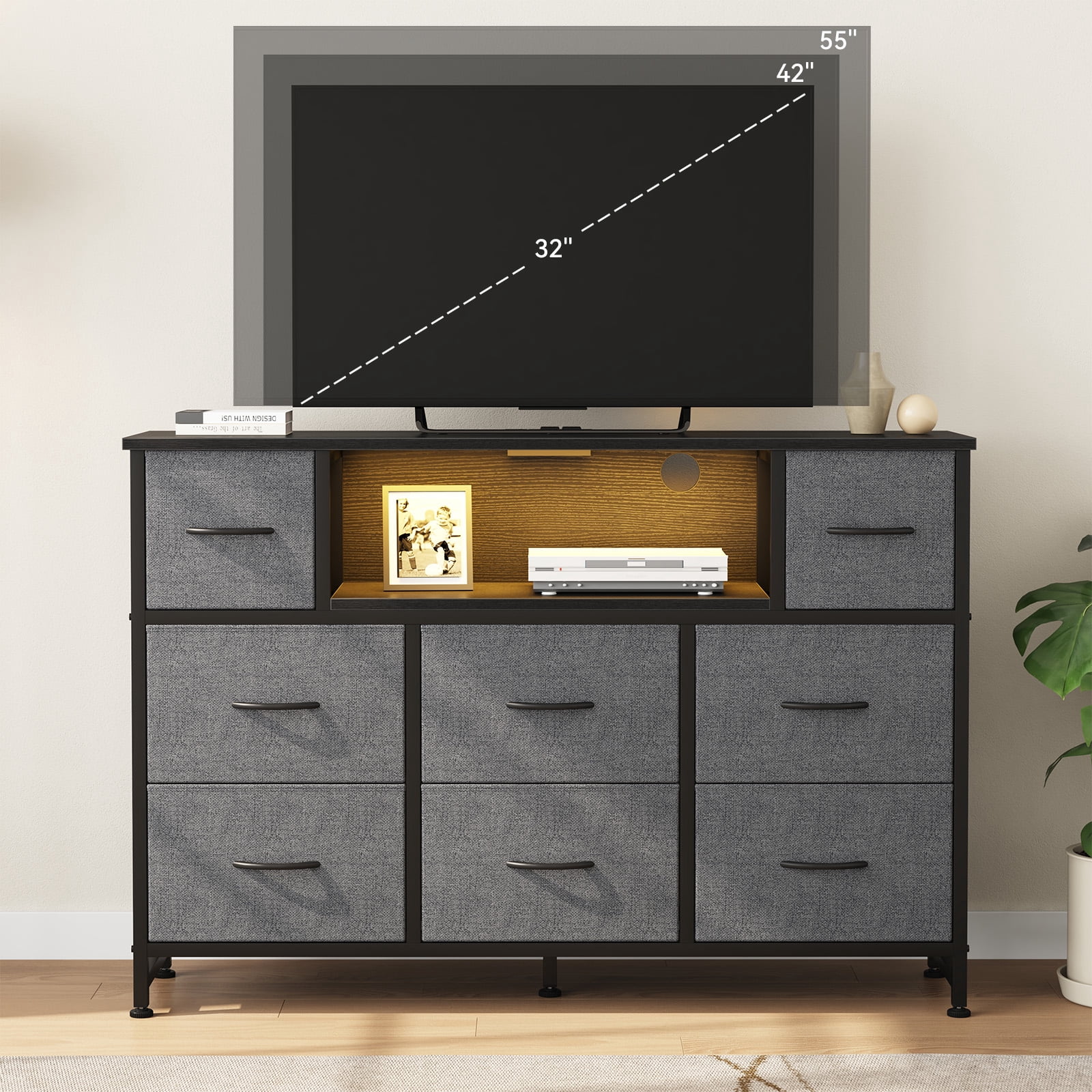 CONCETTA 55 inch TV Stand Dresser, 8 Fabric Drawers Storage Organizer for Bedroom Living Room, LED & Charging Station, Gray