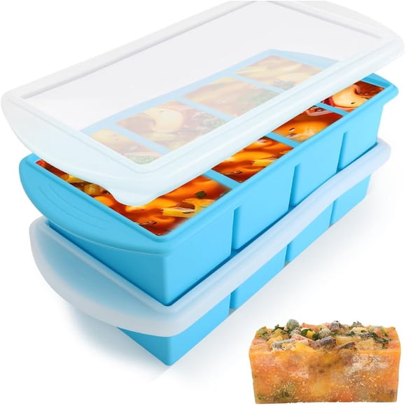 Bandejas de Silicona para Congelador Hielo y Sopa, 2/4 Tazas Grande Moldes para Congelar Sopa con Tapa, Bandeja de Cubito de Alimento, Perfecto para Congelar Hielo Sopa Salsa Caldo Sobrantes