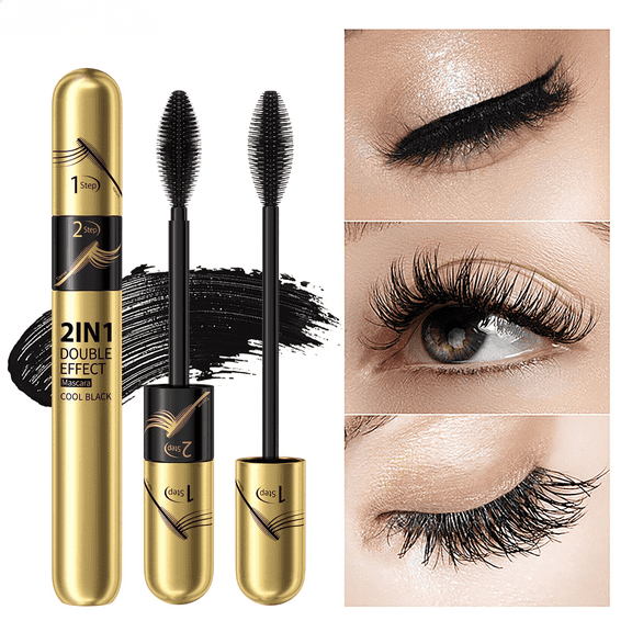 Dr.pedi 2-in-1 Double Effect Fiber Mascara, Curling & Intensifying, Daily Waterproof, 5x Longer, Voluminous & Smudge-Proof, No Flaking/Clumping, Black & Golden Tube Set
