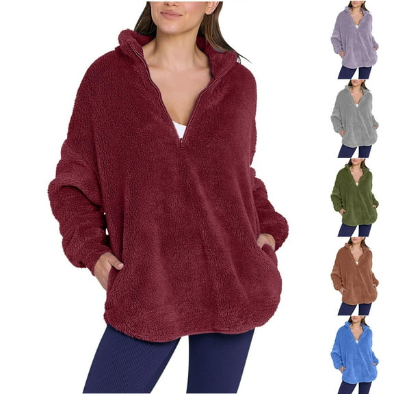 2025 New Fashion Plus Size Women's Round- Neck And Winter Loose Solid Pocket Warm Long Sleeve Blouse Tops
