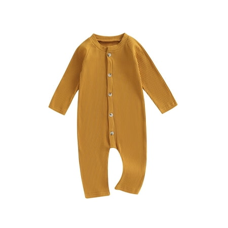 

Wallarenear Baby Girls Romper Solid Color Long Sleeve Ribbed Knit Button Down Jumpsuit