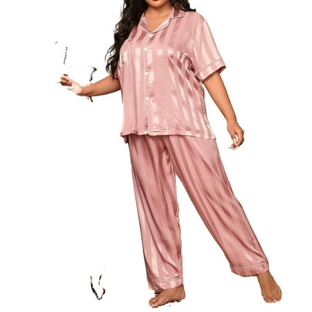 

Womens Plus Pajamas Sets Striped Pant Sets Sleepwear PJ Set Dusty Pink 1XL