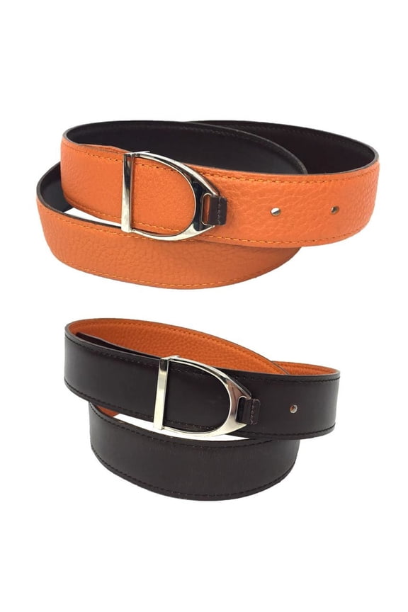 Pre-Owned Hermes HERMES Etrier Belt Size 80 I Engraved Leather Reversible Orange x... (Good)