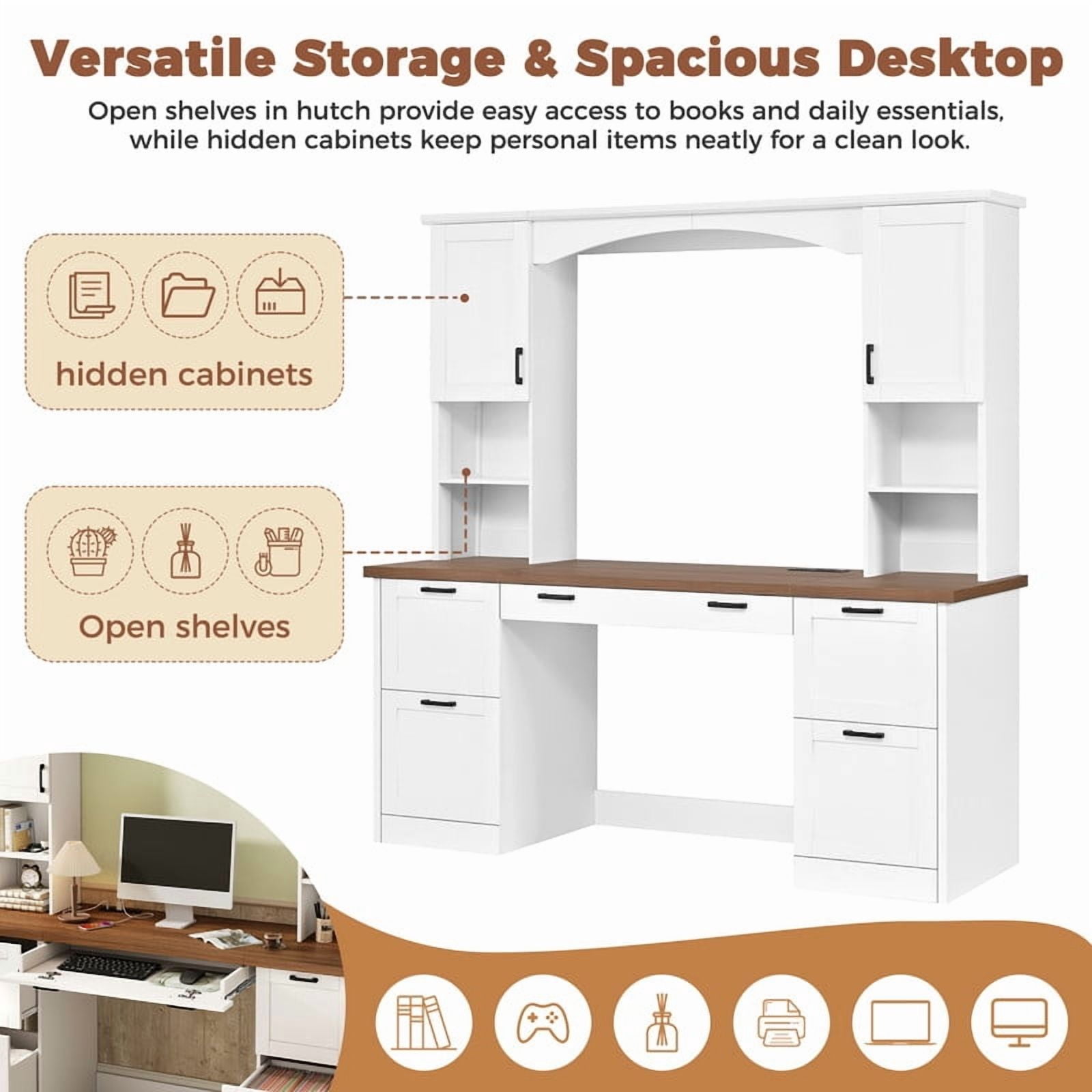 Howcool 68.6"H Farmhouse Arched Computer Desk with Hutch, Workstation with Built-In Charging Station, Keyboard Tray, All-in-One Writing Desk with File Drawer for Home Office