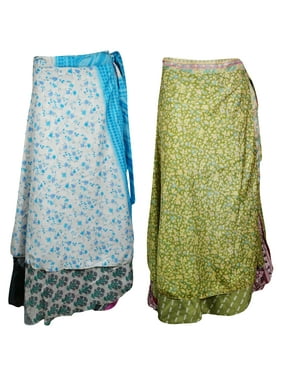Mogul Womens Silk Sari Reversible Wrap Skirt Printed 2 Layer Cover Up Sarong Dress