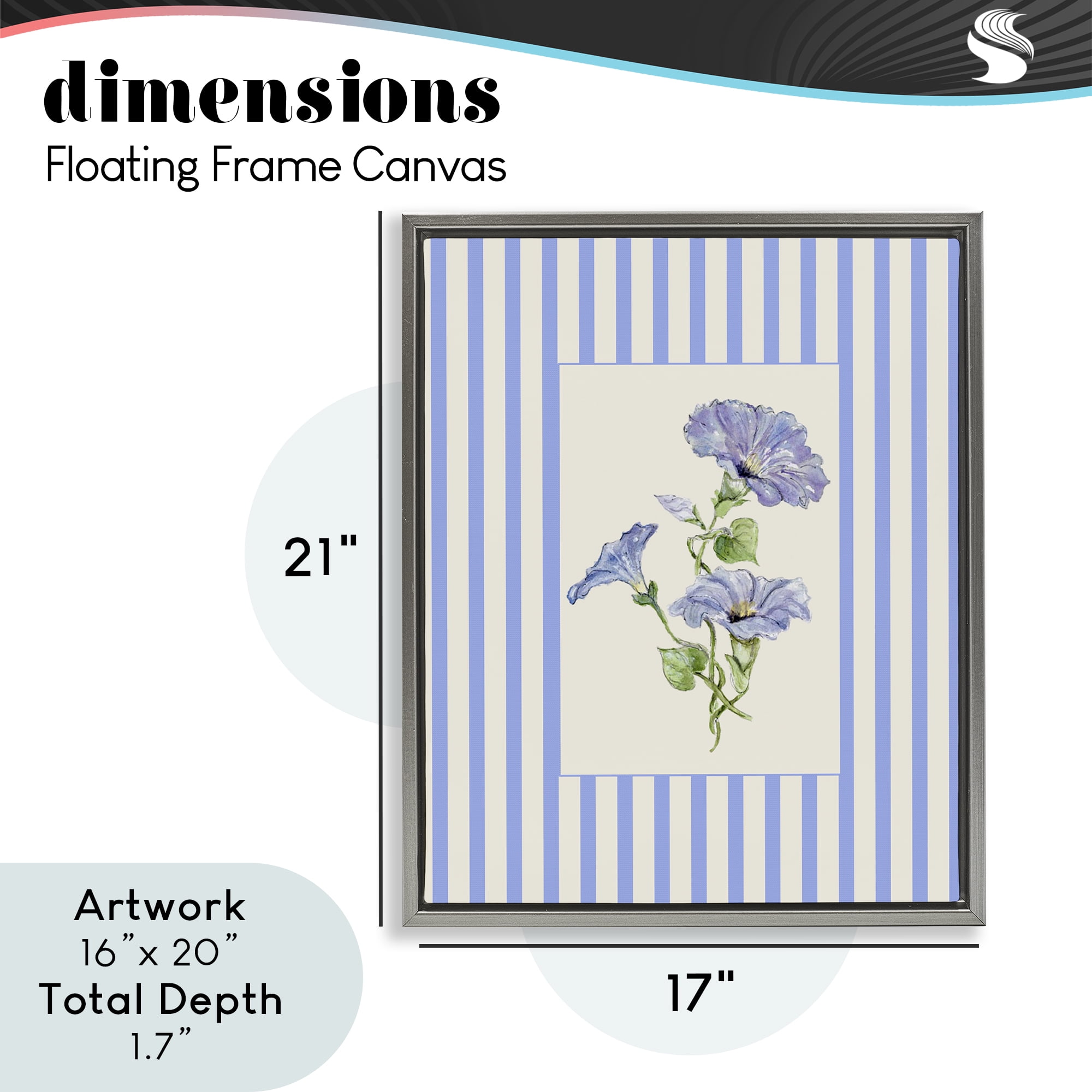 Blue Stripe Morning Glory Gray Framed Floater Canvas Wall Art, design by Lisa Wehmeyer