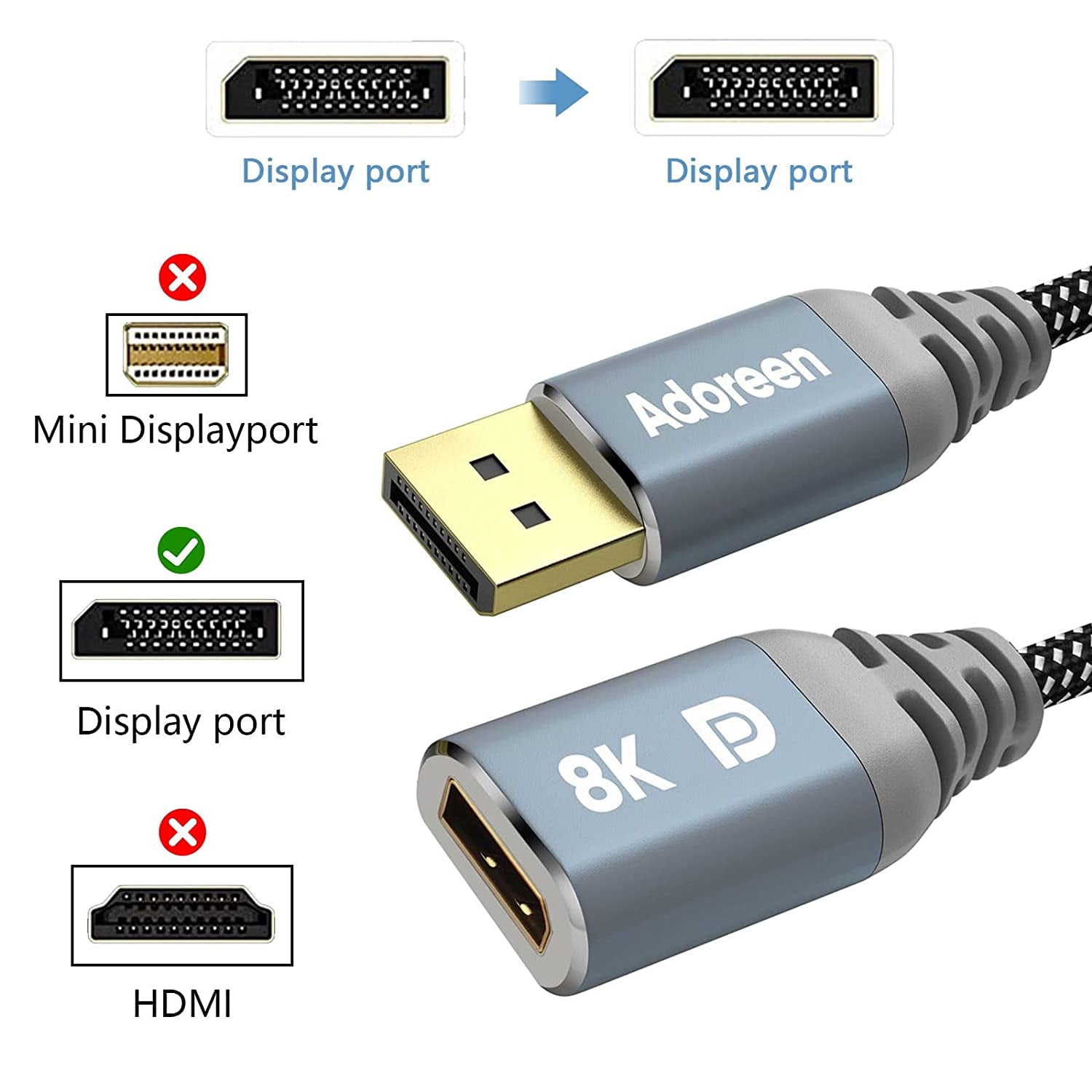 JJEAN-8K DisplayPort Extension Cable 1 Feet/2 Pack, Braided DP to DP Extended 1.4 Cord (from 0.6-25ft) Male to Female (8K@60Hz 4K@144Hz 2K@240Hz) Extender Display Port with 5 Ties