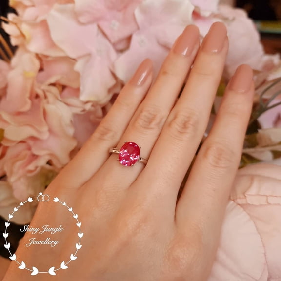 Rare Padparadscha Sapphire Solitaire Engagement ring, Genuine Lab Grown Oval 3 Carats 8*10 Sunset Orangy Pink Sapphire, September Birthstone