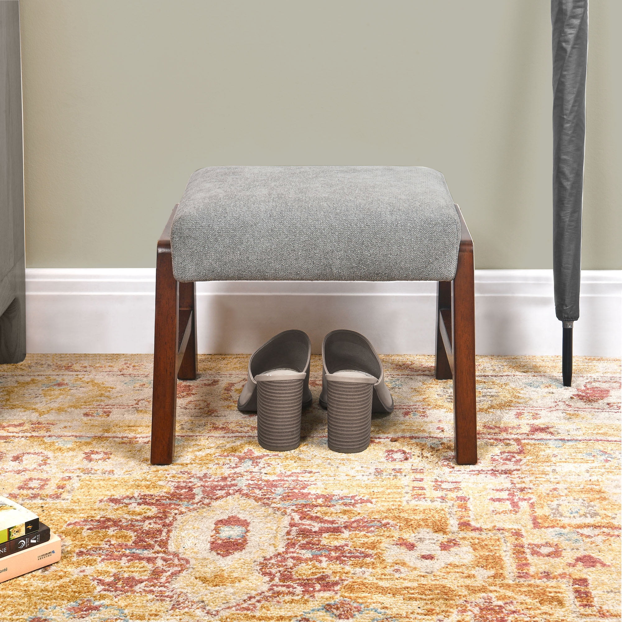 Small Footstool Ottoman, Fabric Wooden Foot Rest Ottoman with Wood Legs, Small Foot Stool Sofa Footrest Extra Seating for Living Room Entryway Office, Light Grey