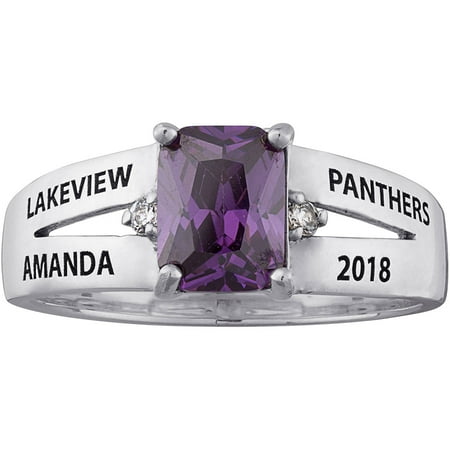 Personalized Sterling Silver ''Freestyle'' Emerald-Cut Birthstone Class Ring