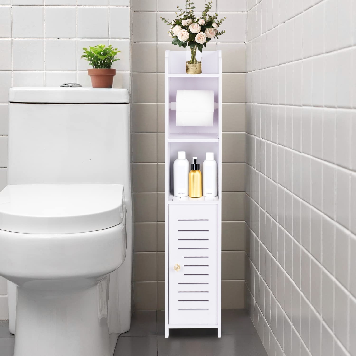 YOYTOO Bathroom Storage Cabinet with Doors and Shelves, Toilet Paper Roller Holders Free Standing Organizer for Small Spaces
