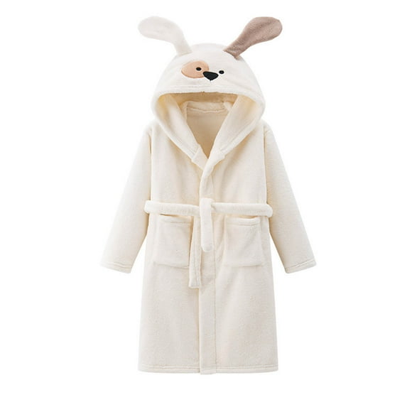 Splozh Kids Bathrobes Toddler Cartoon Animal Robes Toddler Girls Bathrobes,Kids Girls Plush Bathrobe Cute Print Warm Hooded Flannel Sleep Robe White,2-4 Years