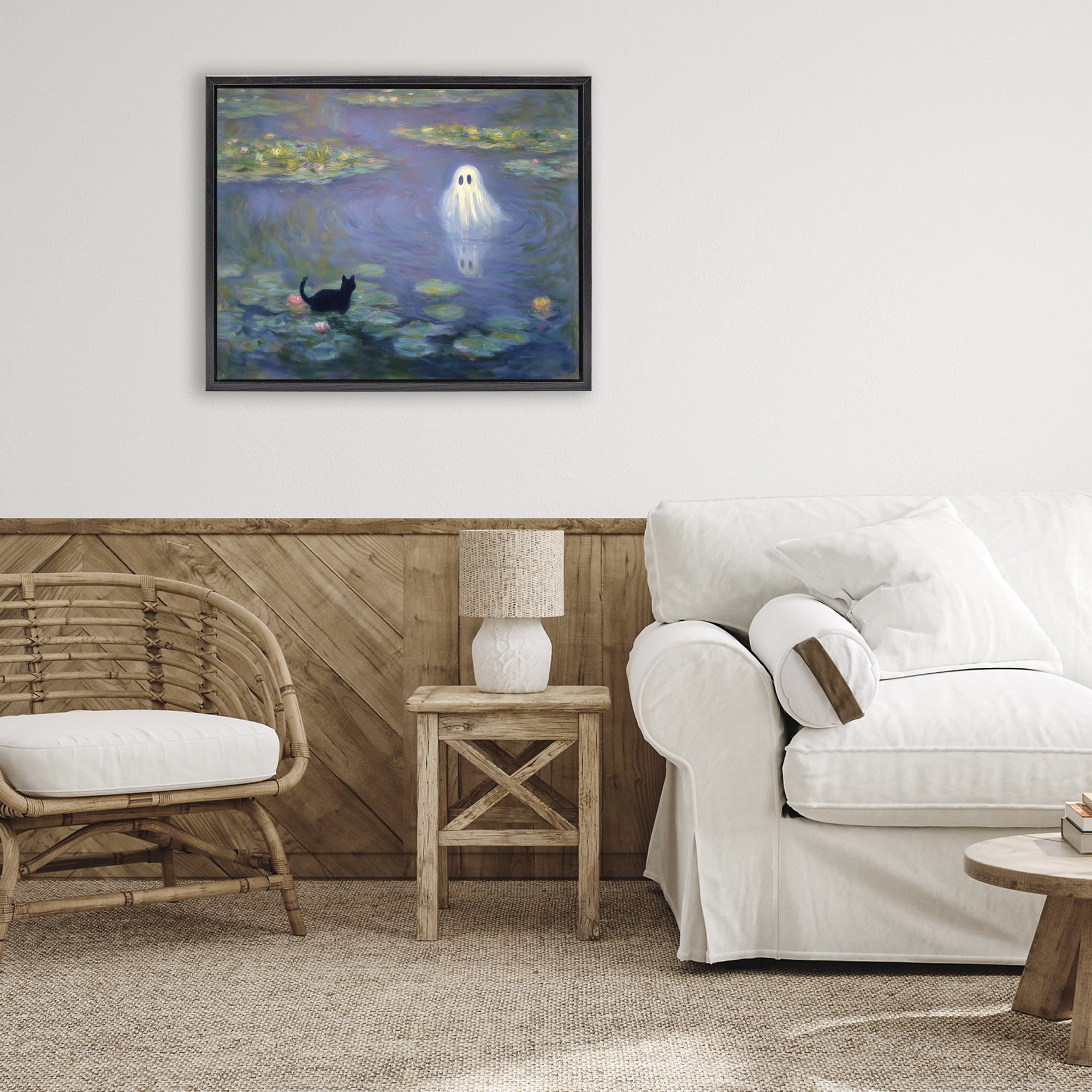 Water Lilies with Ghost & Kitty Black Framed Floater Canvas Wall Art, design by Arlington Prints