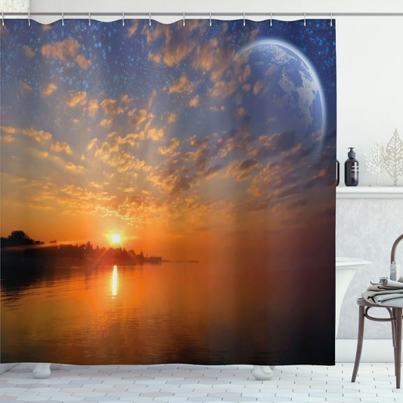 Ambesonne Space Shower Curtain, Skyline with Planet Sun, 69"Wx70"L, Orange Blue