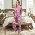 thumbnail image 2 of Yuyamidu Women's Pajama Set Pink Flowers Short Sleeve Top Long Pants Pajama Set Notch Collar Button Up Lounge Sets Soft Comfy Sleepwear, 2 of 7