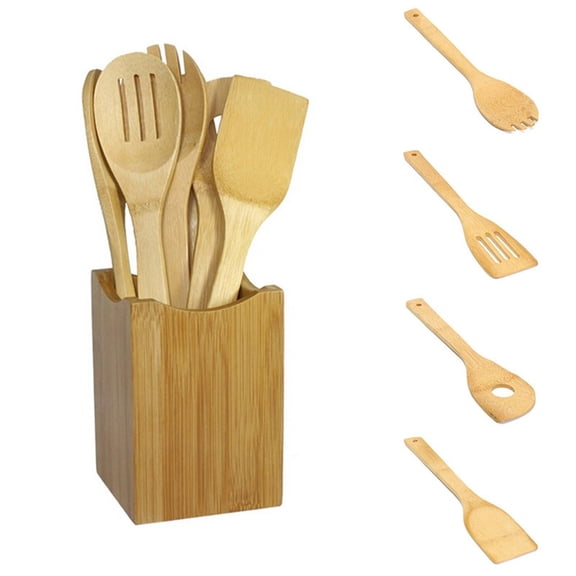 Bamboo Cooking Utensils Set, Kitchen Cooking Utensils Set, 12 in Length, Nonstick Cookware Compatible, Slotted Spoons for Cooking, Cooking Spatula, Storage Holder, Natural Finish,