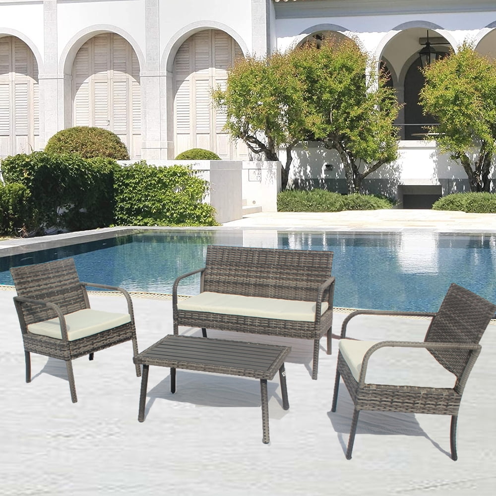 Outdoor Patio Furniture Sets, 4-Piece Gray Wicker Patio Bar Set, 2pcs