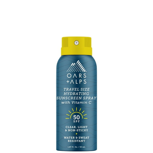 Oars + Alps Protector solar en spray para rostro y cuerpo SPF 50 Tamaño de viaje Protector solar con vitamina C y antioxidantes Sin residuos Resistente al agua y al sudor Todo tipo de piel Hidratante