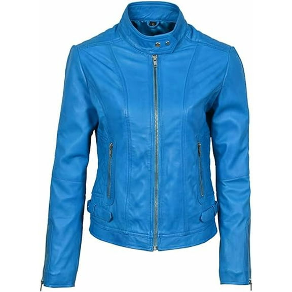 New Women's Blue Lambskin Leather Jacket Stylish Slim Fit Motorcycle Jacket W493