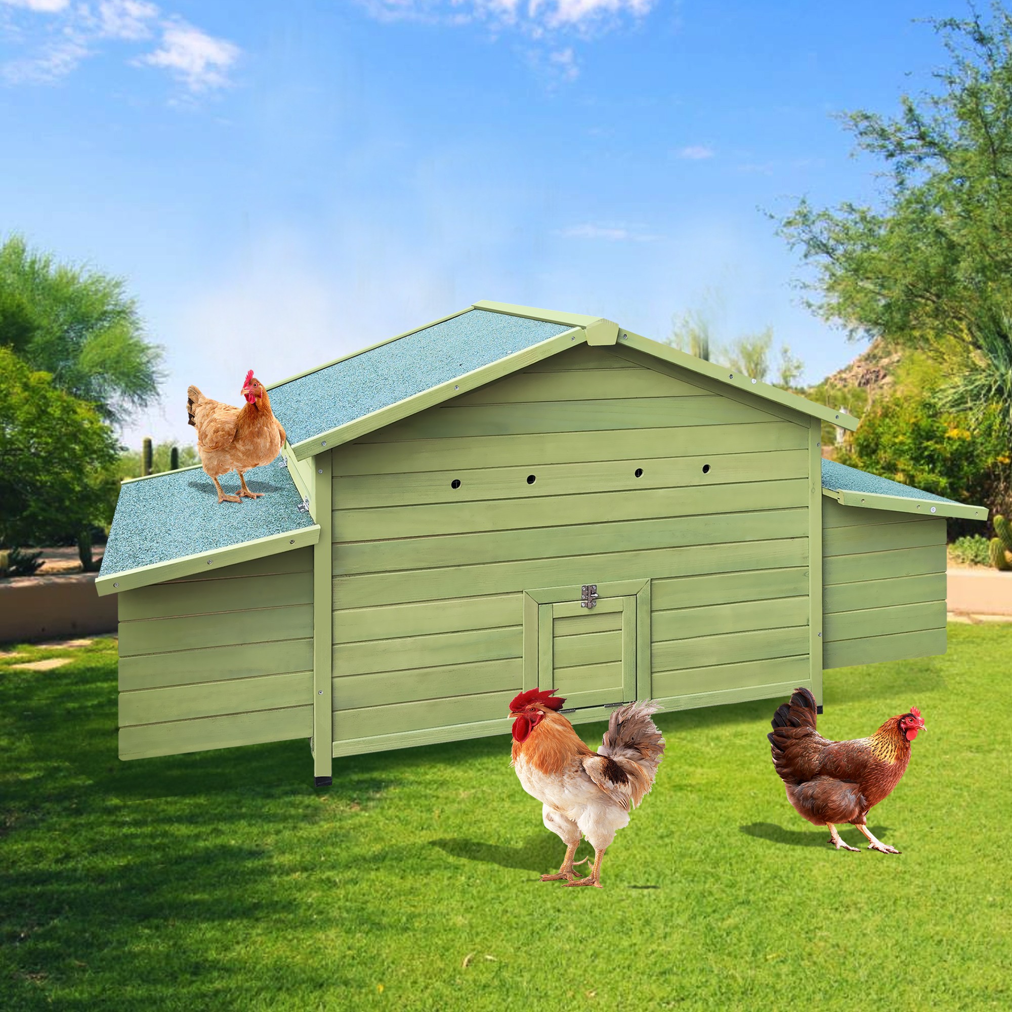 Pefilos 67" Wood Chicken Coop for Outdoor with Water-Resistant Roofs, Large Hen House with Nest Boxes, Rabbit Hutch Poultry Cage, Green