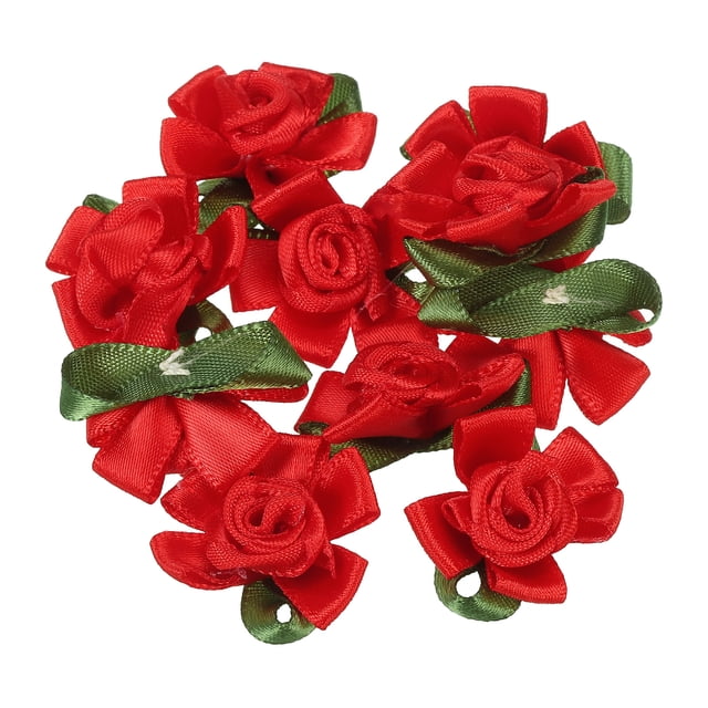 Rosas de cinta de satén mini de Uxcell, pequeñas rosetas de flores de tela, con hojas verdes rojas