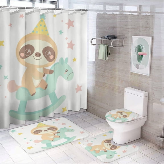 4Pcs Shower Curtain Sets with Rugs Cute Cartoon Baby Sloth Shower Curtain Set with Non-Slip Rugs Toilet Lid Cover And Bath Mat Sloth Decorative 12 Plastic Hooks for Bathroom Decor 72inch X 72inch