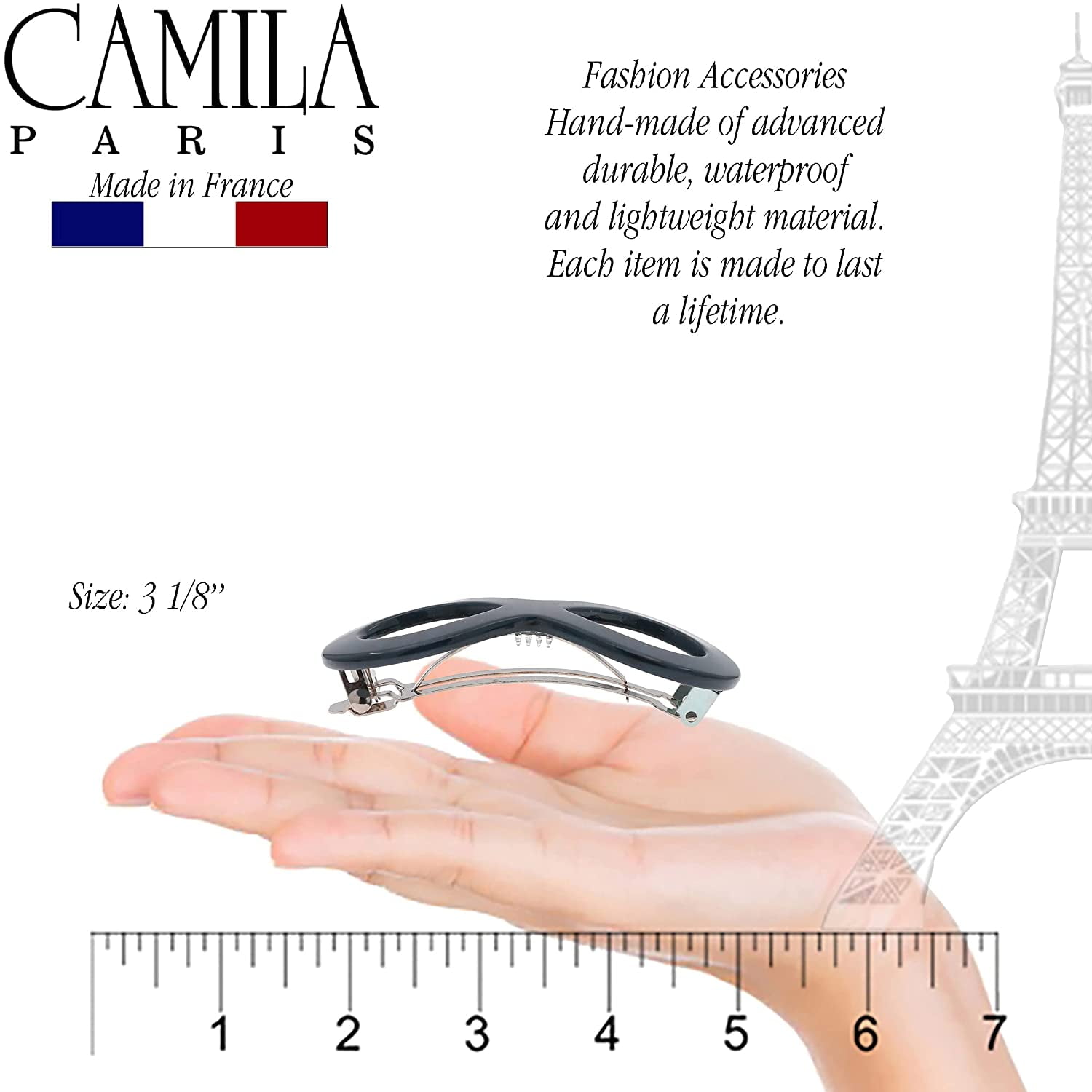 Camila Paris CP3275 French Hair Barrette Clip for Girls, Handmade, Blue, Strong Hold Grip Hair Clips for Women, No Slip and Durable Styling Girls Hair Accessories, Made in France