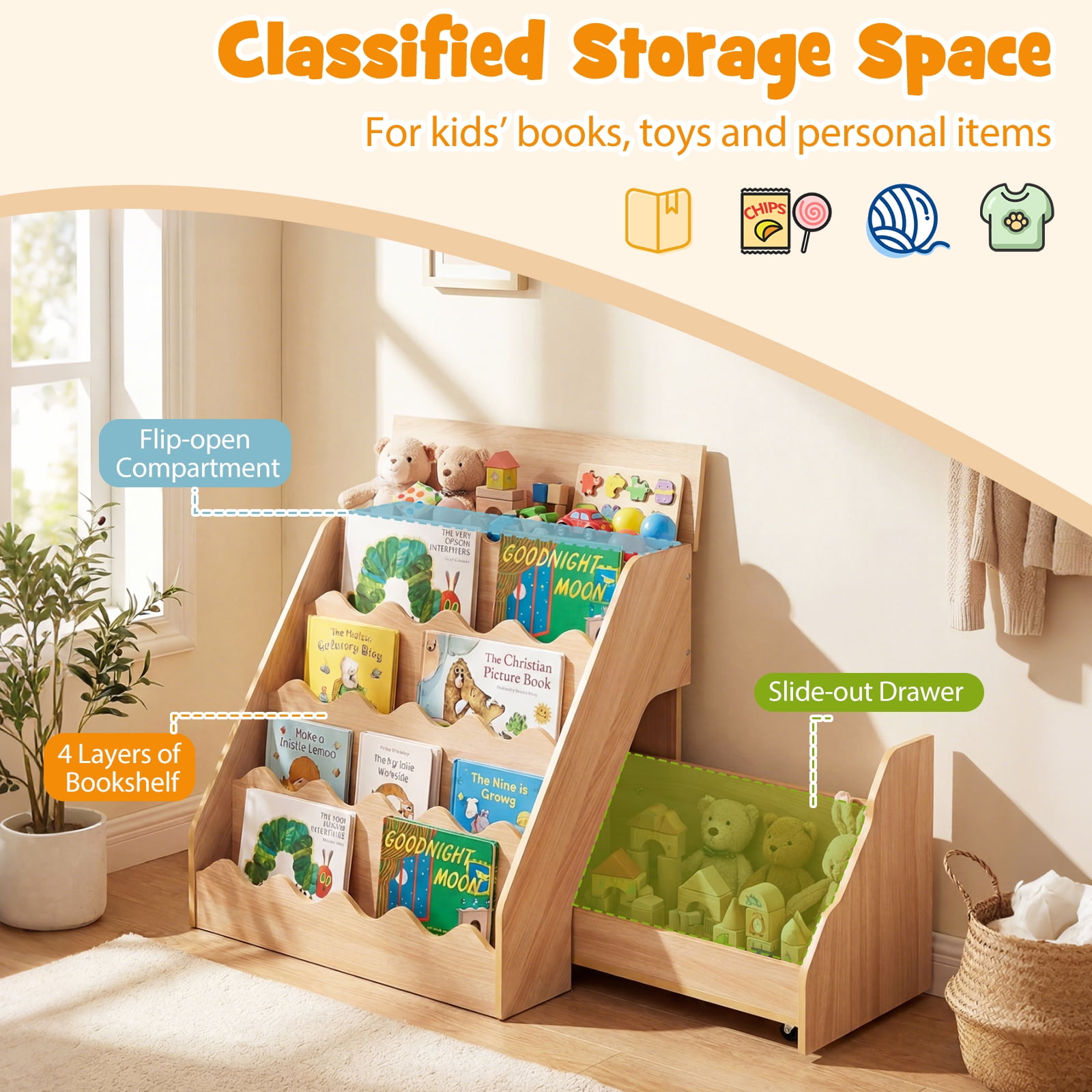 Costway Kids’ Bookshelf & Toy Storage Organizer with Rolling Drawer Cart, 4 Tier Book Shelf Natural