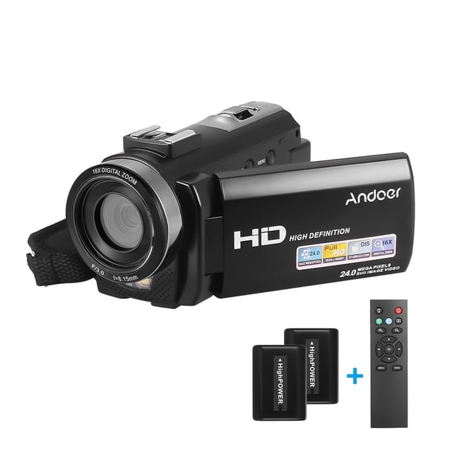 Andoer Cámara de video HD Andoer con batería adicional y pantalla giratoria, ideal para grabaciones profesionales.