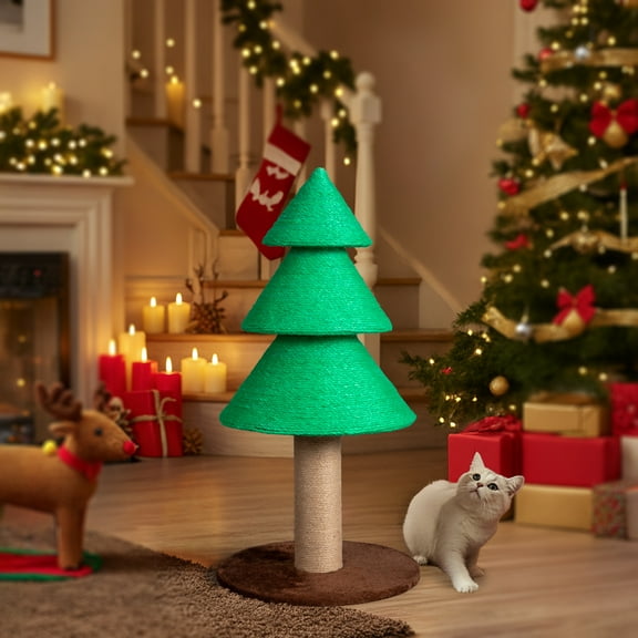 Ktaxon 31.5'' Christmas Tree Cat Scratcher, Large Sisal Scratching Post for Indoor Cats, Holiday Green