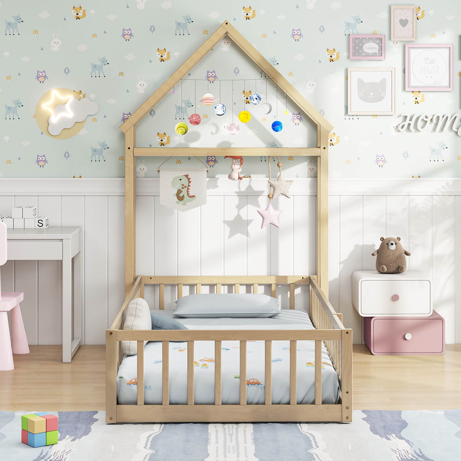 Infans Twin Size House Floor Bed w/House-shaped Headboard Clothes Hanger without Slats