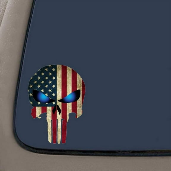 Punisher with American Flag and Glowing Eyes Decal Sticker | 5" X 4" | Car Truck Van SUV Laptop Macbook Wall Decals