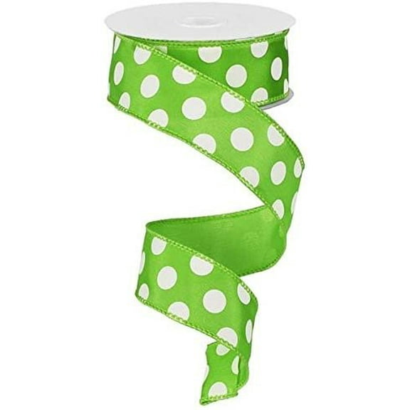 Polka Dot Wired Edge Ribbon 1.5", Lime Green White - 10 Yards : RG158633
