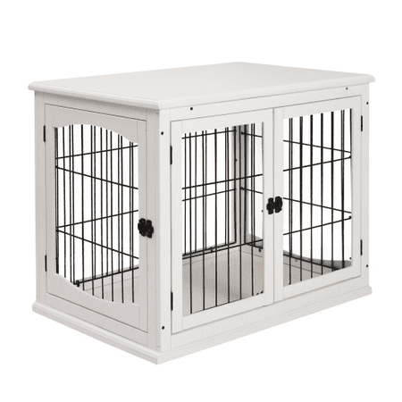 PawHut Small Dog Kennel End Table with Lockable Doors, 2-in-1 Coffee Table & Pet Cage, Dual Side Entrances, Decorative White MDF Furniture, Holds up to 66 lbs, for Small to Medium Dogs