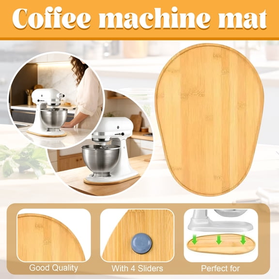 12.6 X 8.3 Inch Bamboo Coffee Maker Sliding Mat, Smooth Gliding Appliance Tray Pad with 4 Non-Slip Adhesive Feet, Heavy-Duty & Durable Countertop Slider for Stand Mixers, Espresso