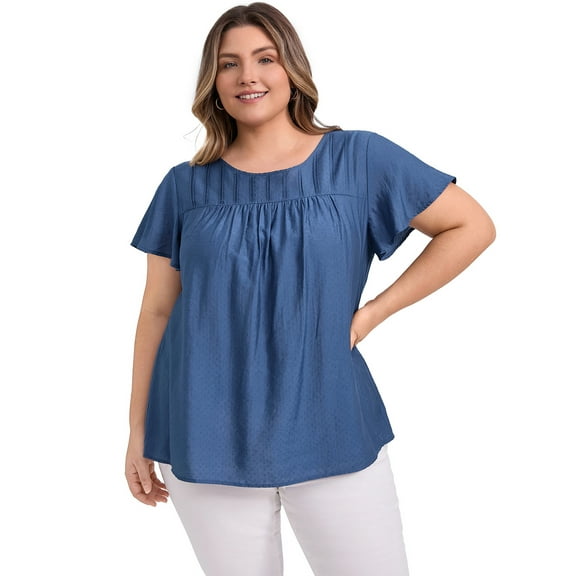 DARING DIVA Women's Plus Crew Neck Ruffle Casual Blouse 4X Dark Blue