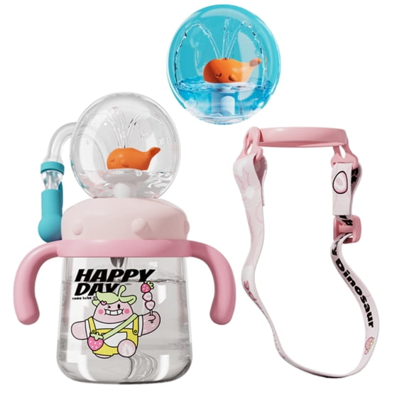 ST SoleMe.Tc Whale Fountain Sippy Cup with Straw, 10oz/300ml 360 Squirting, Spill Proof Weighted Water Bottle with Handles Adjustable Strap for Toddlers, Pink