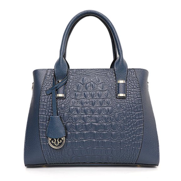 Genuine leather crocodile-patterned handbag detachable shoulder strap cross-body shoulder bag large capacity women's purse (blue)