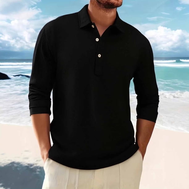Ceisia Men's Relaxed Fit Long Sleeve Collared Linen Shirt Casual Solid Color Top Black XXL Gifts