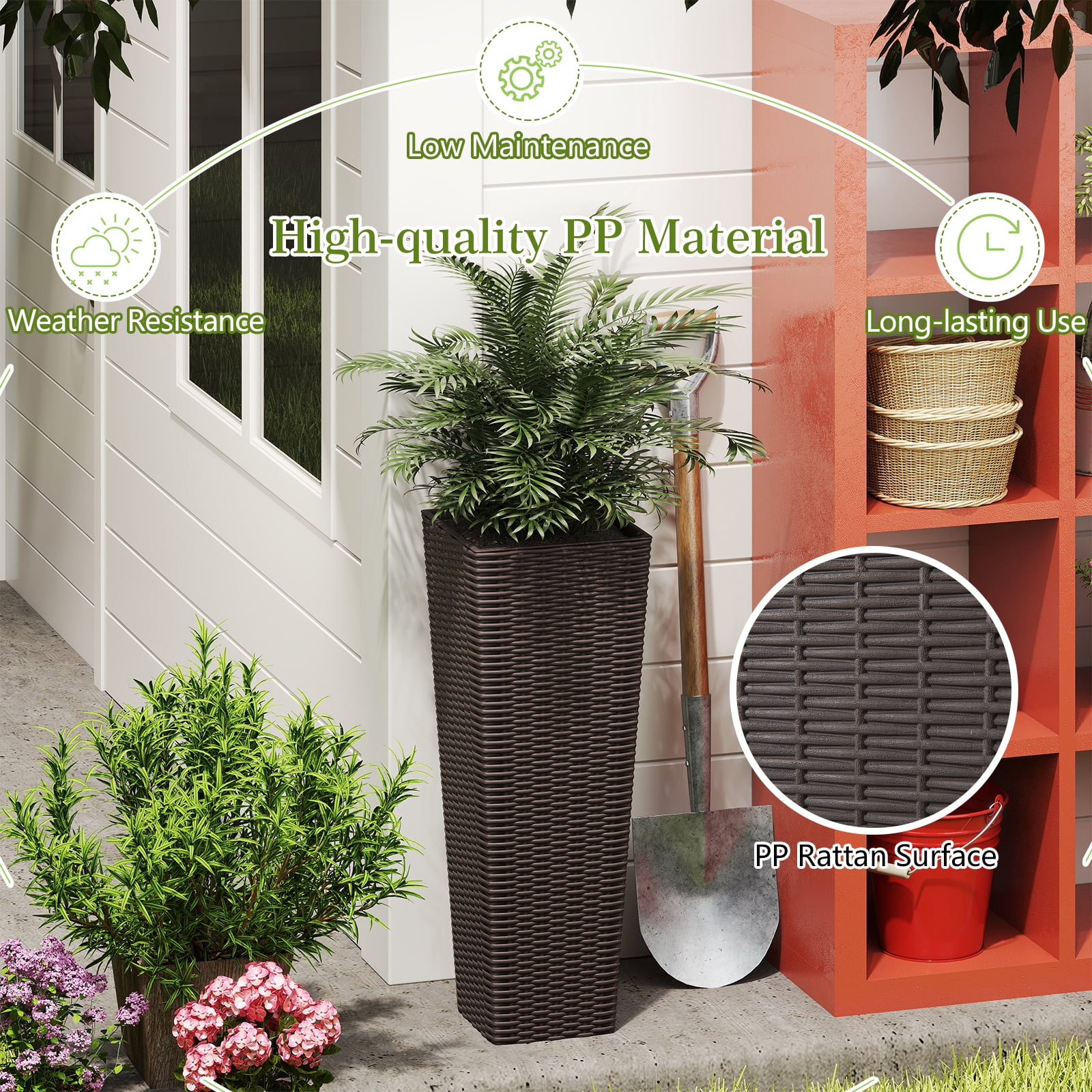 Patiojoy Set of 2 Planters for Outdoor Plants Tall Tapered Plants w/Inner Trays Drainage Holes Coffee