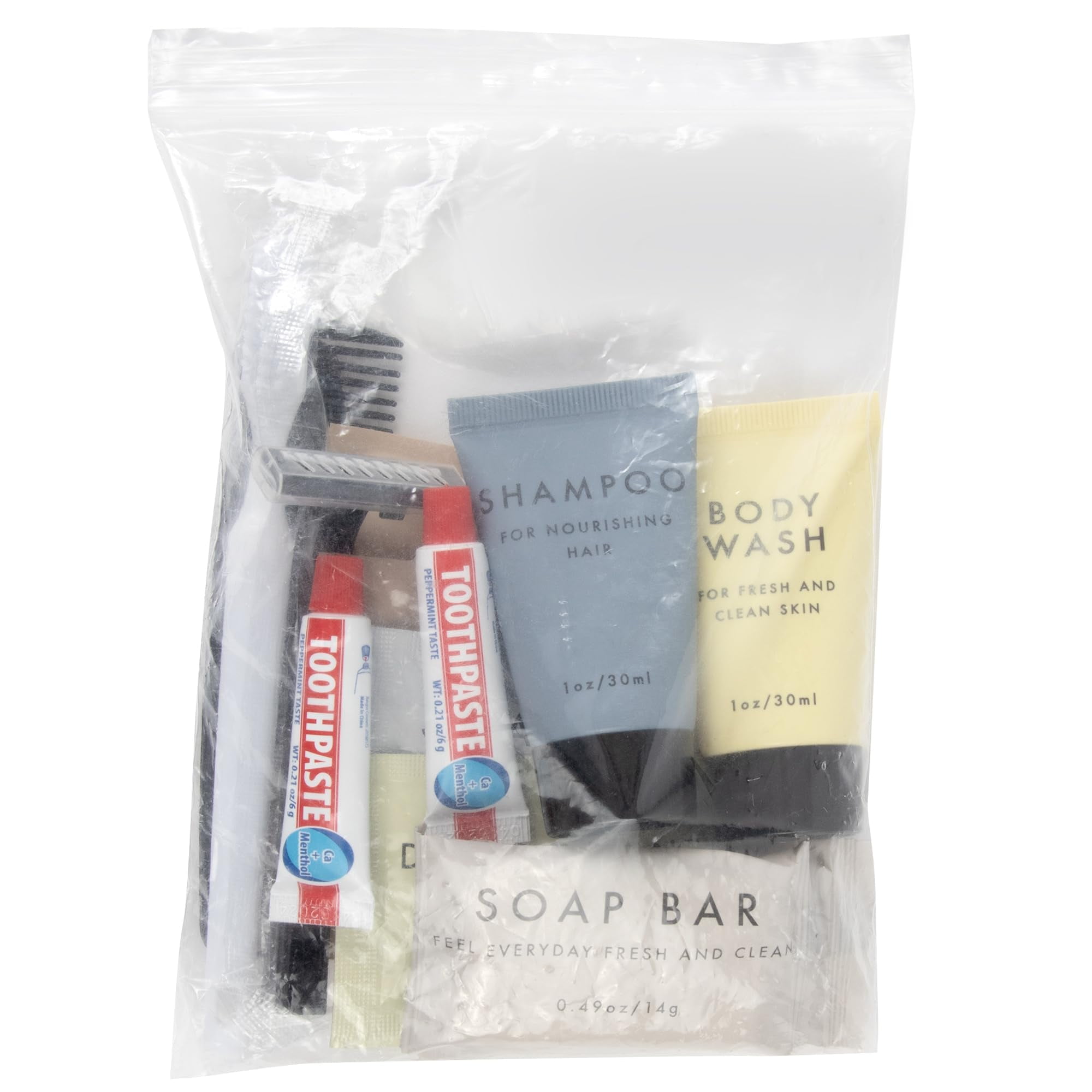50 Pack of Bulk Wholesale 15 Piece Travel Size Hygiene Toiletry Kits Containing Shampoo, Body Wash, Deodorant, Bar Soap, Toothbrush, Toothpaste, Cleansing Wipe, Hair Comb, Shaving Cream & More!