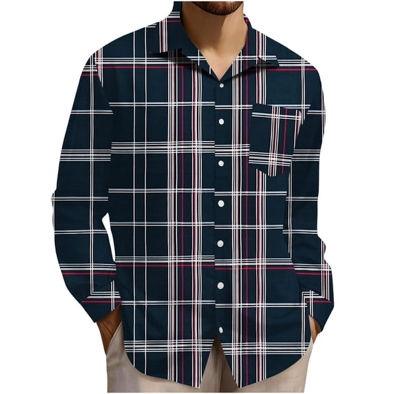 MXALUOB Men's Plaid Shirts Windowpane Plaid Button Down Shirt Long Sleeve Tops with Spread Collar Chest Pocket Shirts Fall Fashion Staple