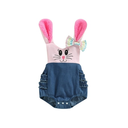 

Baby Girl Easter Romper Furry Bunny Ear Sleeveless Bowknot Jumpsuit Bodysuit Summer Cute Clothes