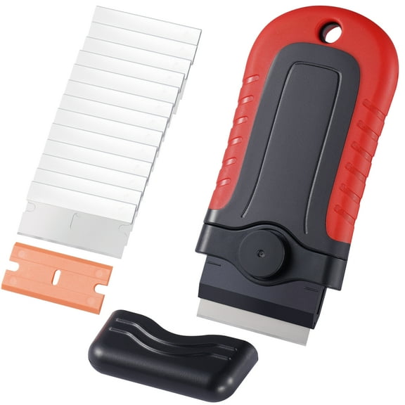 KFFKFF Razor Scraper, Includes 15 Additional Blades, Secure Locking Mechanism with Safety Cap, Crafted from Carbon Steel & POM, Ideal for Removing Labels, Stickers, Decals, and Paint from Glass Surfa