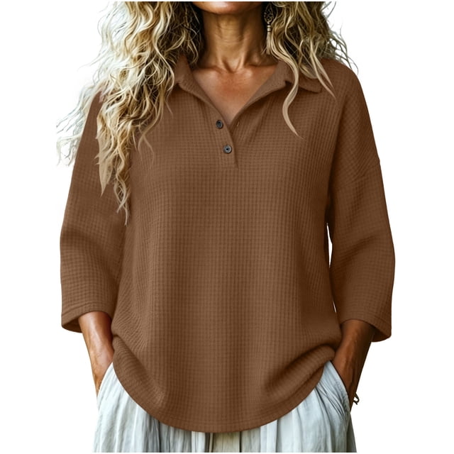 LLYWEY Sudadera de Mujer con Cierre Parcial de Botones, Blusas de Manga 3/4 para Mujer con Botones y Cuello, Tejido Corte Holgado Casual, Suéter Tipo Pulóver Marrón S