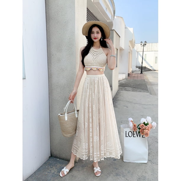 JUNWELL Halter Crochet Knit Top Embroidery Floral Sleeveless Open