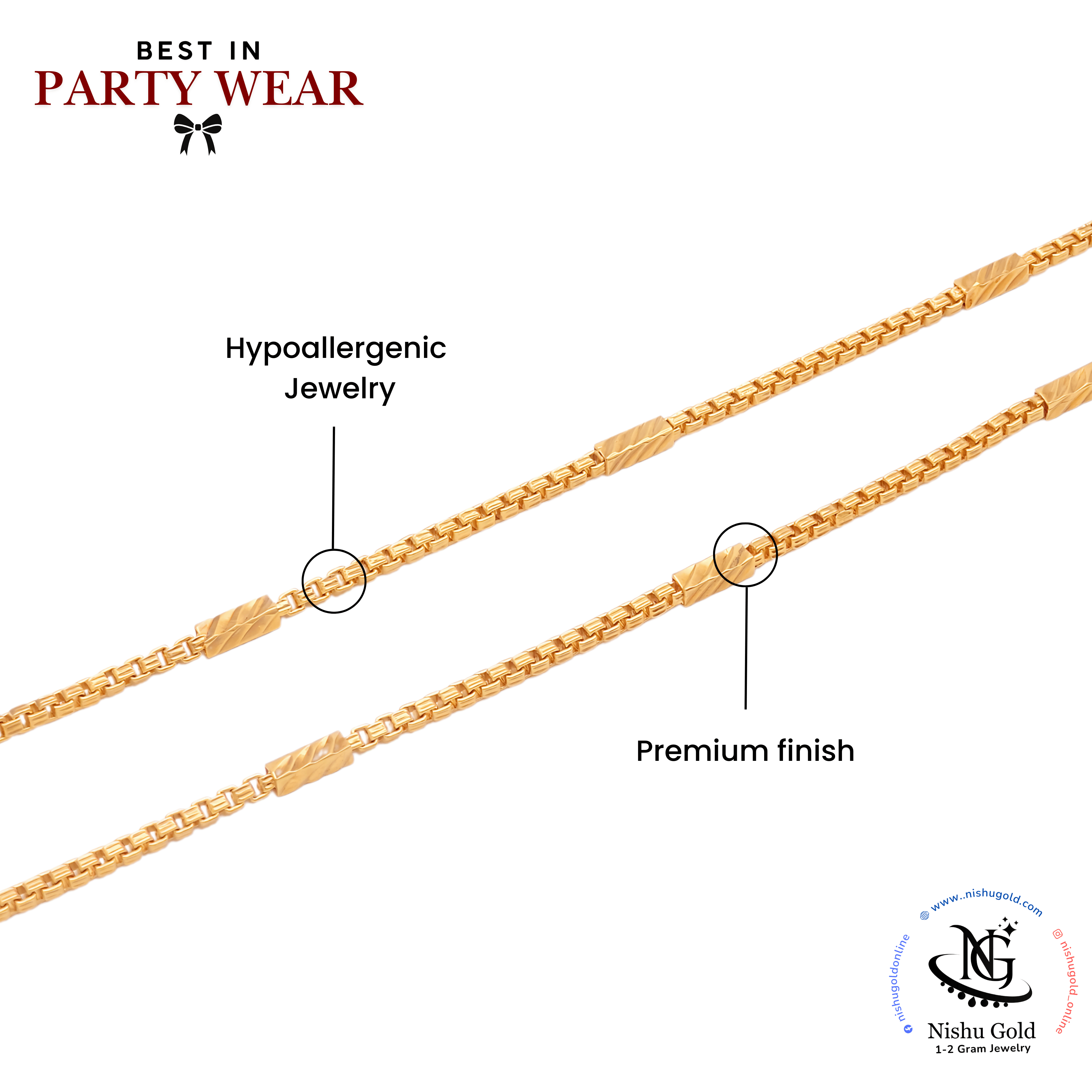 NISHU GOLD 24K Gold-Plated Chain Necklace, 18 Inch, Anti-Tarnish, Waterproof, Hypoallergenic