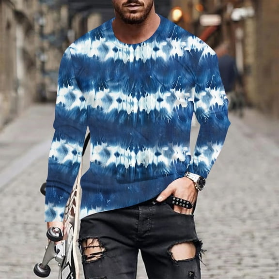 Tawop Men's T-Shirts Crew Neck Long Sleeve Graphic Casual Blue L
