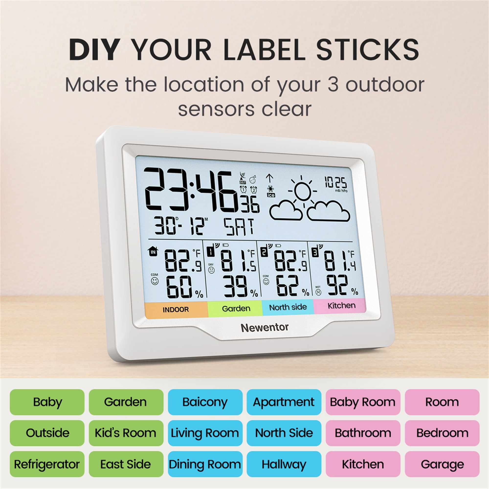 Newentor 6" Digital Display Weather Station for Home with 3 Outdoor Sensors, Indoor Outdoor Thermometer, White