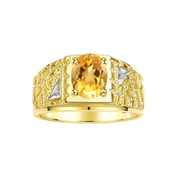 RYLOS Men's Rings 14K Yellow Gold Designer Nugget Ring Oval 9X7MM Gemstone & Diamonds Citrine November Birthstone Rings For Man Size 12